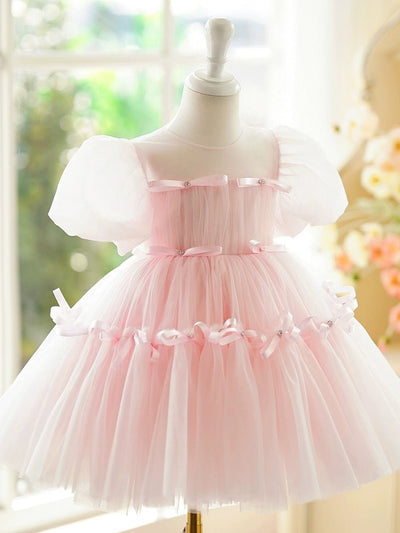 Light Pink Flower Girl Dress with Tulle Skirt and Satin Bow Detail Plus Size - WonderlandByLilian