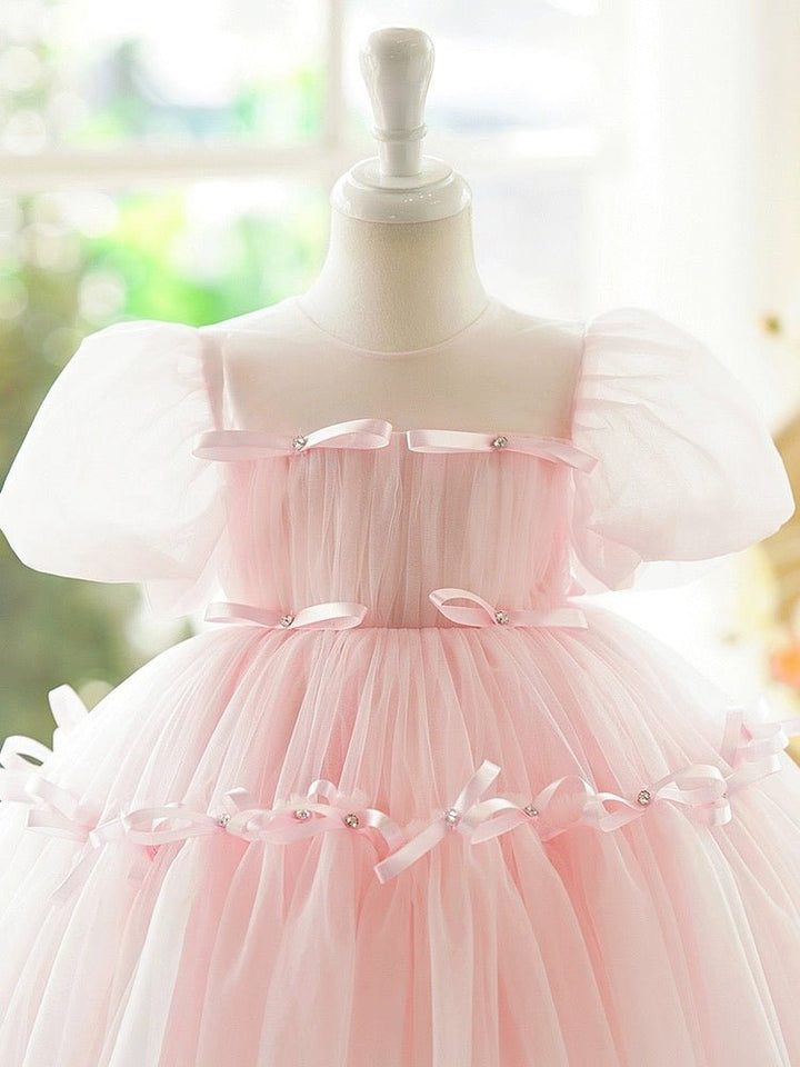 Light Pink Flower Girl Dress with Tulle Skirt and Satin Bow Detail Plus Size - WonderlandByLilian