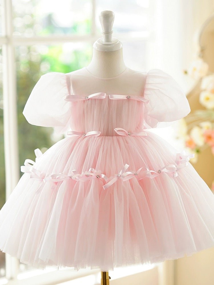 Light Pink Flower Girl Dress with Tulle Skirt and Satin Bow Detail Plus Size - WonderlandByLilian