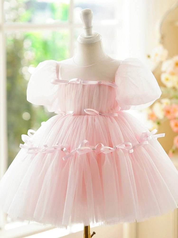 Light Pink Flower Girl Dress with Tulle Skirt and Satin Bow Detail Plus Size - WonderlandByLilian