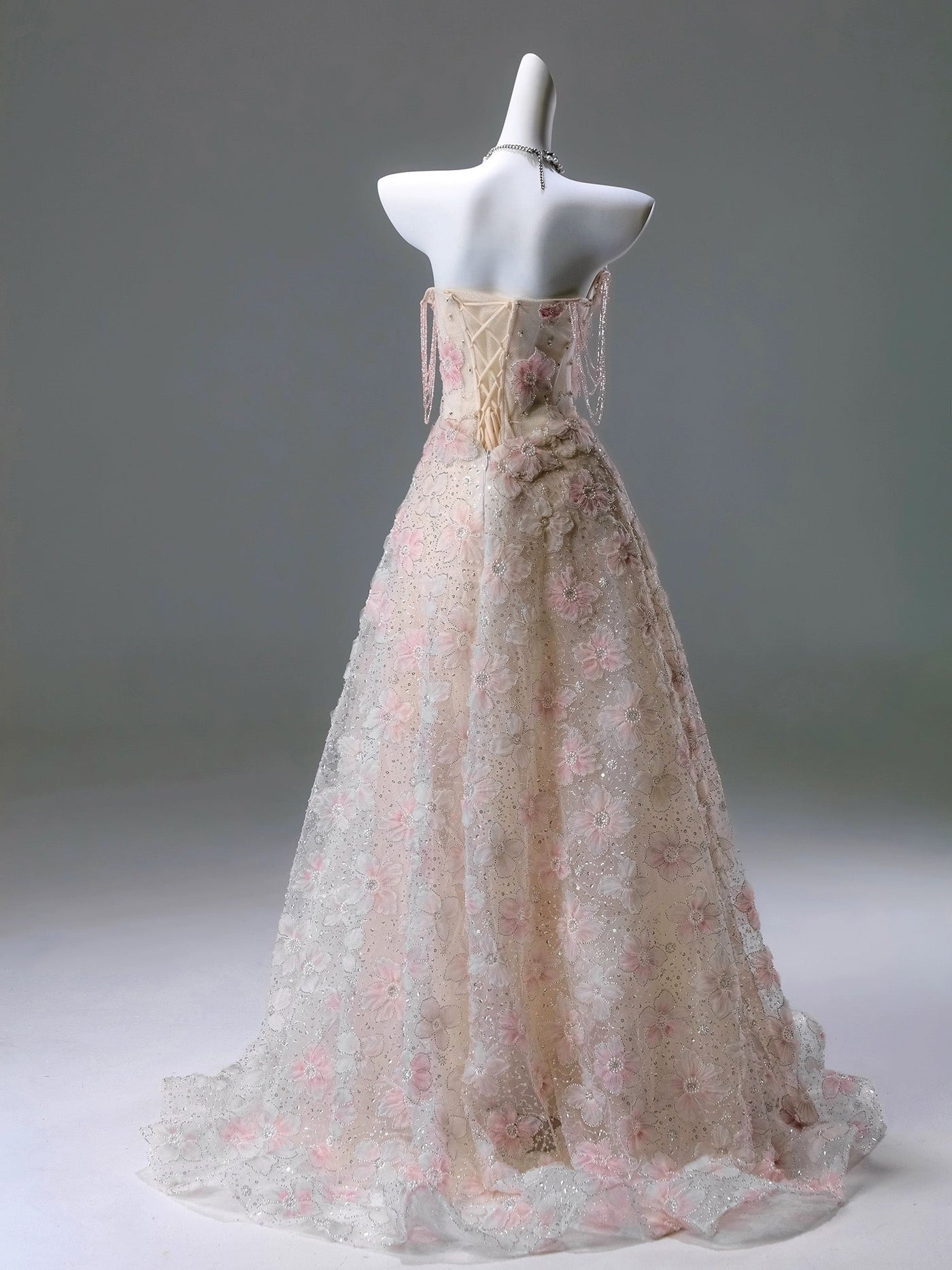 Light Pink Lace Floral Wedding Gown - Corset Back Wedding Dress with Crystal Beading Plus Size - WonderlandByLilian