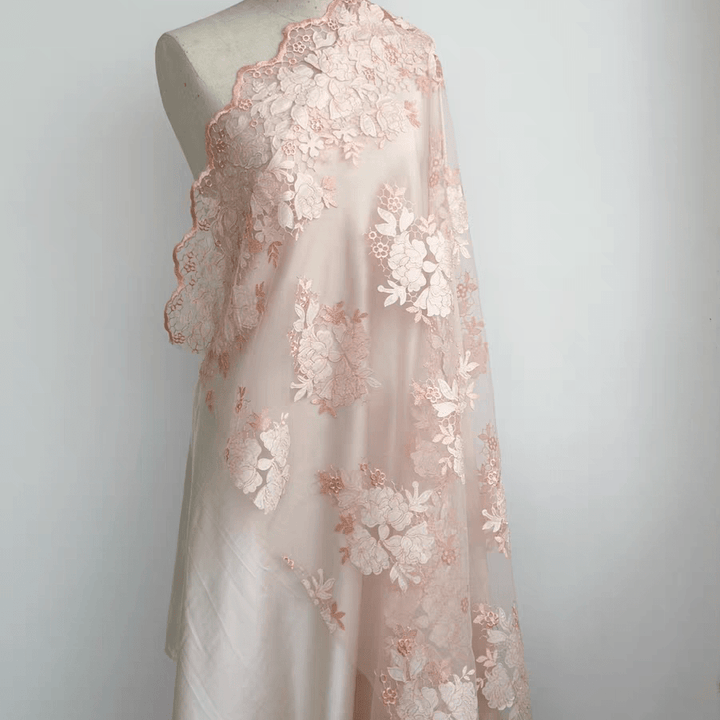 Light Pink - Orange 3D Floral Laser - Cut Appliqué Lace Fabric - WonderlandByLilian