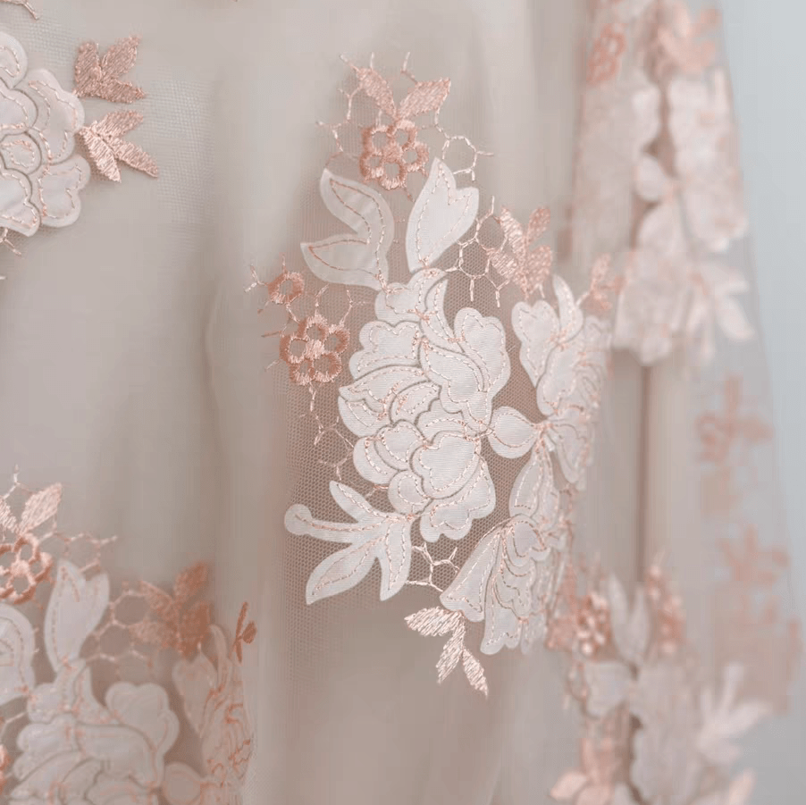 Light Pink - Orange 3D Floral Laser - Cut Appliqué Lace Fabric - WonderlandByLilian