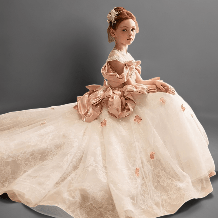 Light Pink Satin and Lace Flower Girl Dress with Handmade Bows – Blush Flower Girl Dress with Corset Plus Size - WonderlandByLilian