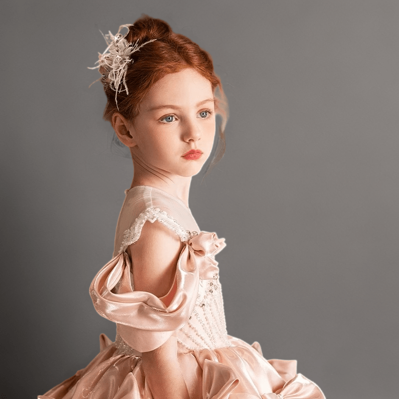 Light Pink Satin and Lace Flower Girl Dress with Handmade Bows – Blush Flower Girl Dress with Corset Plus Size - WonderlandByLilian