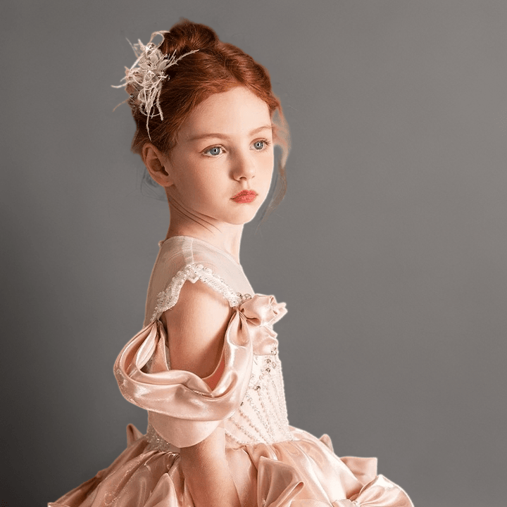 Light Pink Satin and Lace Flower Girl Dress with Handmade Bows – Blush Flower Girl Dress with Corset Plus Size - WonderlandByLilian