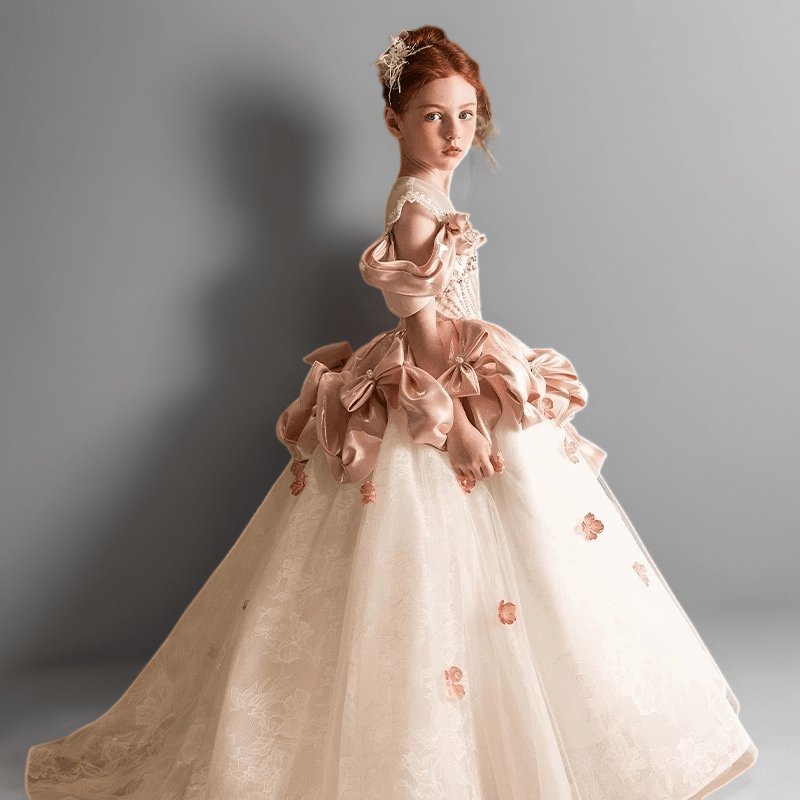 Light Pink Satin and Lace Flower Girl Dress with Handmade Bows – Blush Flower Girl Dress with Corset Plus Size - WonderlandByLilian