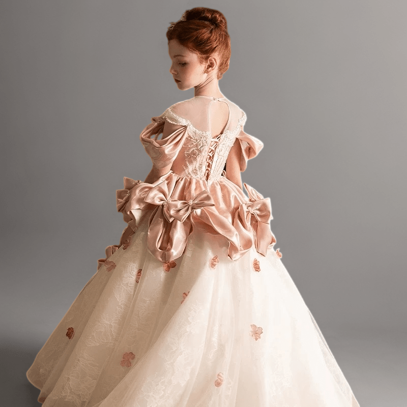 Light Pink Satin and Lace Flower Girl Dress with Handmade Bows – Blush Flower Girl Dress with Corset Plus Size - WonderlandByLilian
