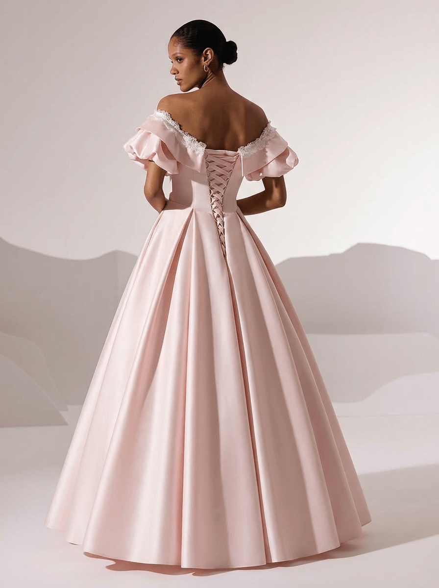 Light Pink Satin Wedding Dress with Off Shoulder Sleeves – Vintage Pink Wedding Dress with Lace Trim and Corset Back Plus Size - WonderlandByLilian