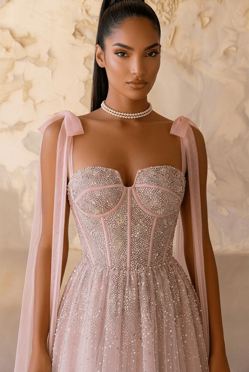 Light Pink Sequin Evening Dress with Corset Bodice – Sparkly Maxi Dress with Corset Back Plus Size - WonderlandByLilian