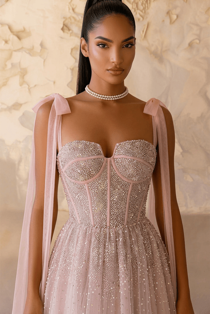Light Pink Sequin Evening Dress with Corset Bodice – Sparkly Maxi Dress with Corset Back Plus Size - WonderlandByLilian
