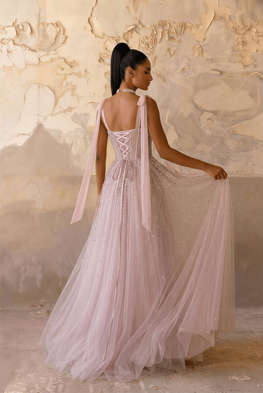Light Pink Sequin Evening Dress with Corset Bodice – Sparkly Maxi Dress with Corset Back Plus Size Size 6 / Pink / No Choker