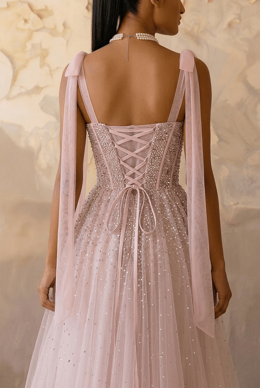 Light Pink Sequin Evening Dress with Corset Bodice – Sparkly Maxi Dress with Corset Back Plus Size - WonderlandByLilian