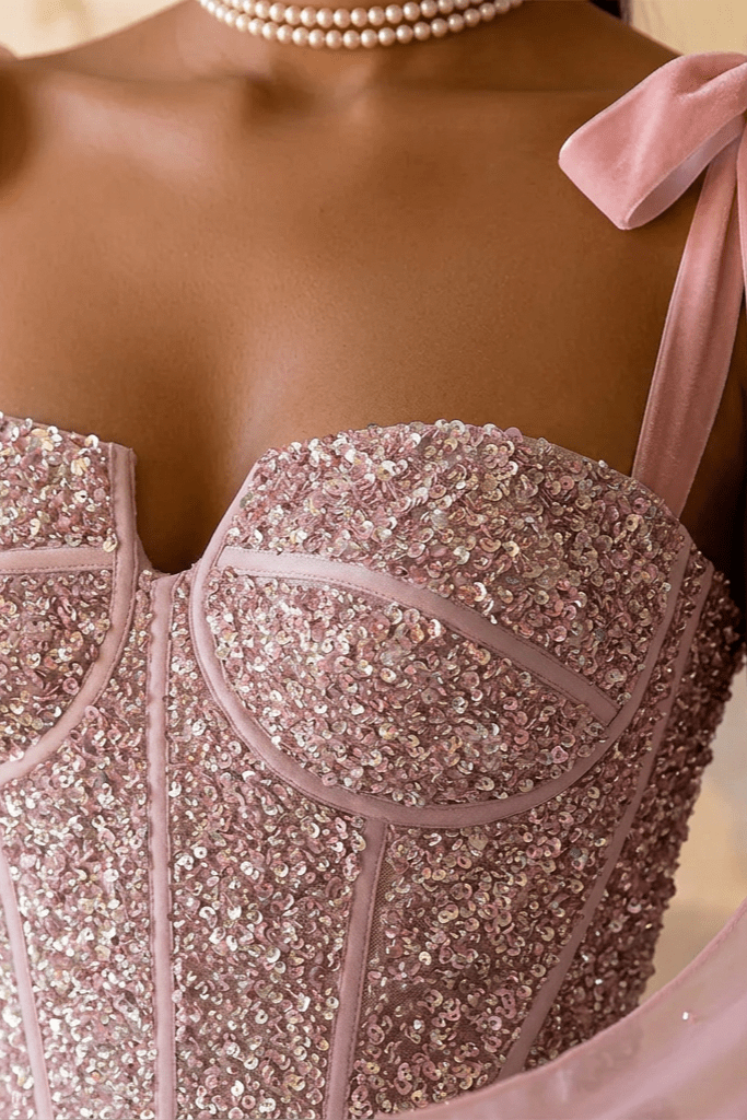 Light Pink Sequin Evening Dress with Corset Bodice – Sparkly Maxi Dress with Corset Back Plus Size - WonderlandByLilian