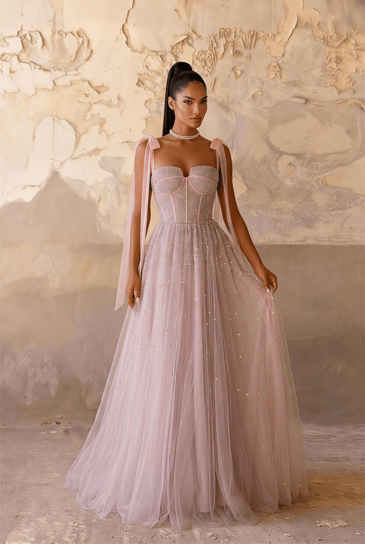 Light Pink Sequin Evening Dress with Corset Bodice – Sparkly Maxi Dress with Corset Back Plus Size Size 6 / Pink / No Choker