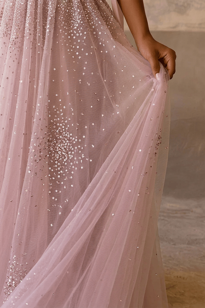 Light Pink Sequin Evening Dress with Corset Bodice – Sparkly Maxi Dress with Corset Back Plus Size - WonderlandByLilian