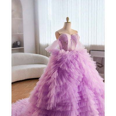 Light Purple Off-Shoulder Layered Tulle Ruffle Dress - Purple Corset Back Wedding Dress Plus Size - WonderlandByLilian