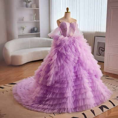 Light Purple Off-Shoulder Layered Tulle Ruffle Dress - Purple Corset Back Wedding Dress Plus Size - WonderlandByLilian