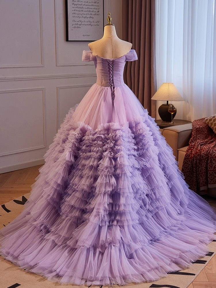 Purple Tulle Off the Shoulder Prom Dress, A-Line V-Neck Floor Length Formal Dress US 2 / Purple Purple Tulle Off the Shoulder Prom Dress, A-Line V-Neck Floor Length Formal Dress US 2 / Purple