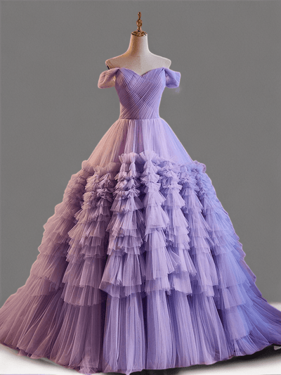 Light Purple Off-Shoulder Tulle Party Dress - Purple Corset Back Wedding Dress Plus Size - WonderlandByLilian