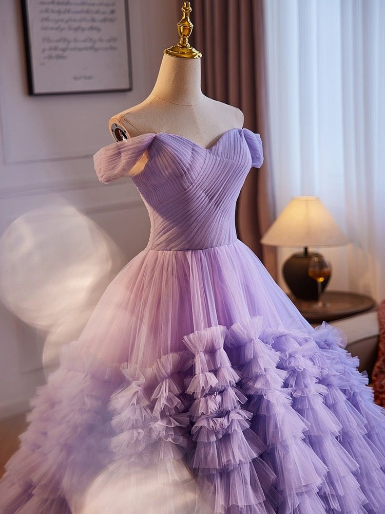 Light Purple Off-Shoulder Tulle Party Dress Purple Corset Back Wedding Dress Plus Size