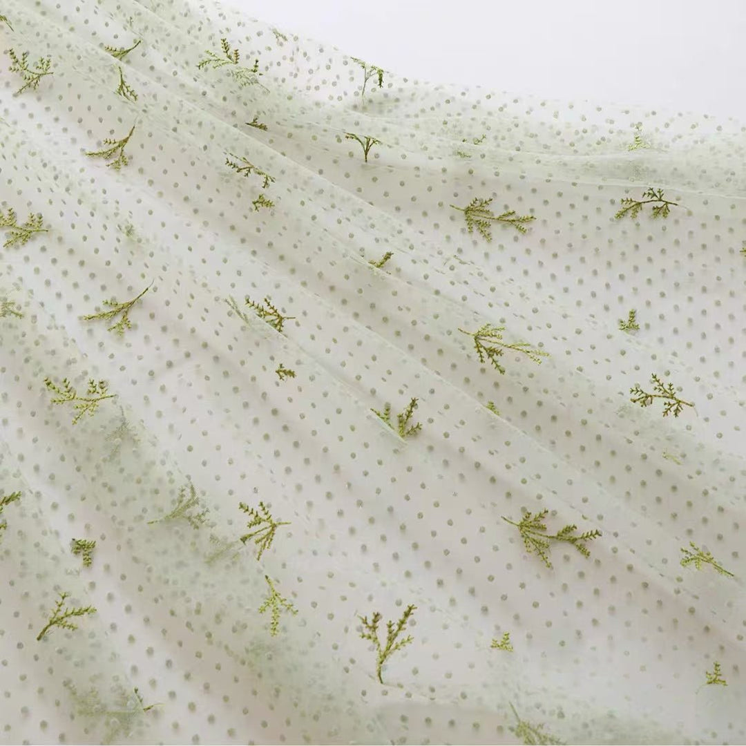 Lightweight Semi - Transparent Polka Dot Velour Embroidered Tulle Fabric in Soft Green - WonderlandByLilian