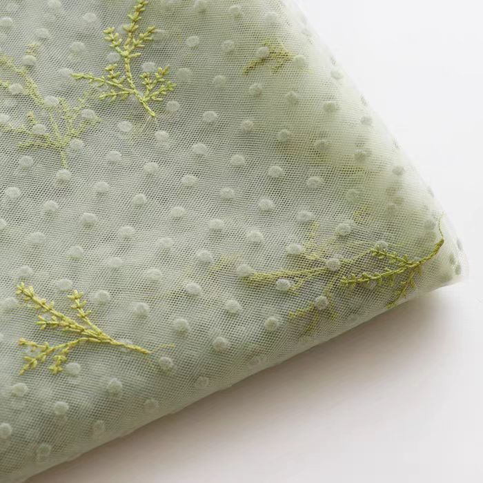 Lightweight Semi - Transparent Polka Dot Velour Embroidered Tulle Fabric in Soft Green - WonderlandByLilian