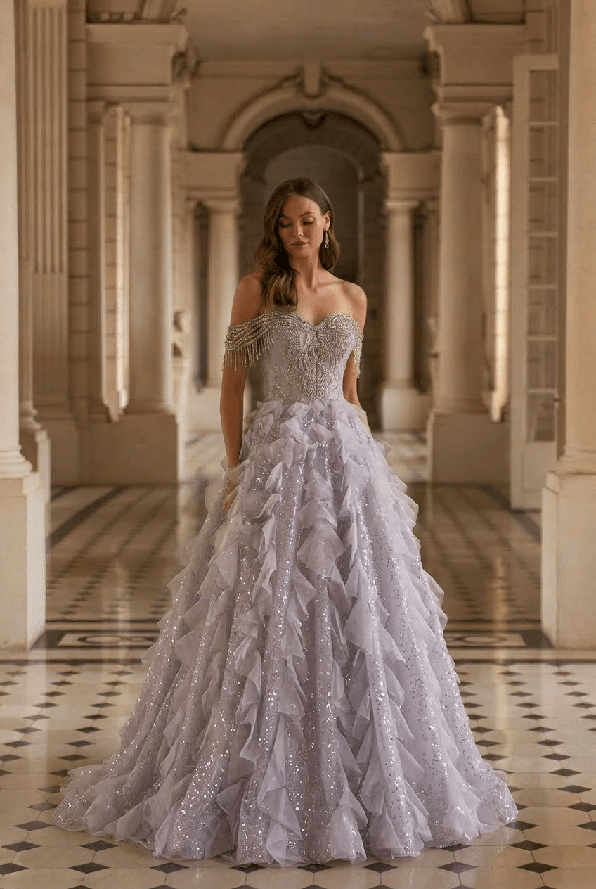 Lilac Glitter Ruffle Ball Gown with Crystal Beaded Off Shoulder Corset Ethereal Princess Evening Dress Romantic Couture Formal Gown Plus Size - WonderlandByLilian