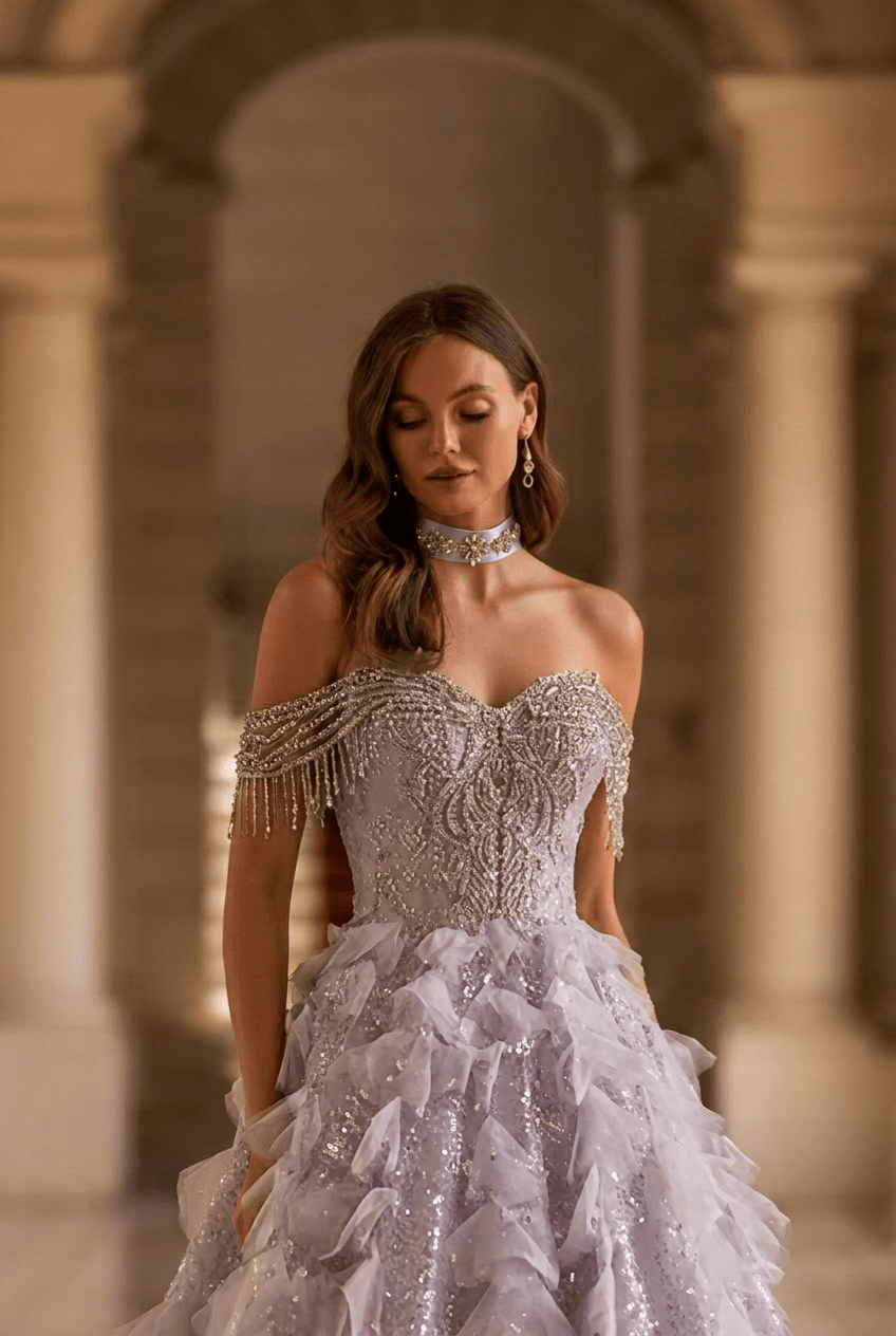 glitter ruffle dress Lilac Glitter Ruffle Ball Gown with Crystal Beaded Off Shoulder Corset Ethereal Princess Evening Dress Romantic Couture Formal Gown Plus Size
