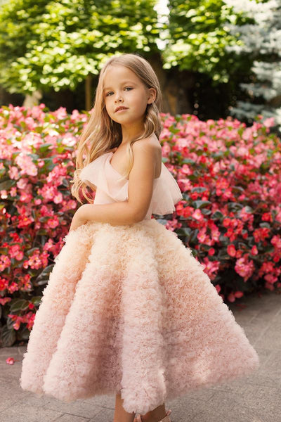 Lilac Pink Peach Ombre One - Shoulder Plus Size Girl’s Dress – Aurora Asymmetric Midi Tulle Gown with Frill for Summer Parties - WonderlandByLilian