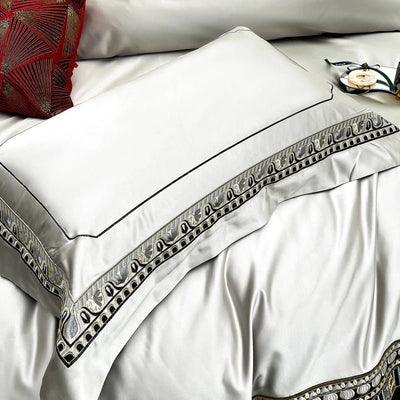 Lisa Silver Embroidered Jacquard Satin Bedding Set - WonderlandByLilian