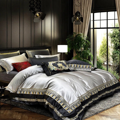 Lisa Silver Embroidered Jacquard Satin Bedding Set - WonderlandByLilian