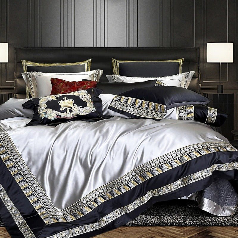 Lisa Silver Embroidered Jacquard Satin Bedding Set - WonderlandByLilian