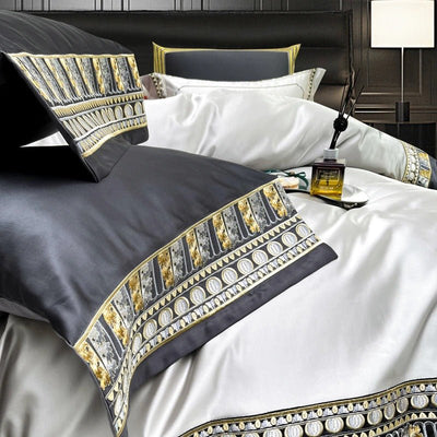 Lisa Silver Embroidered Jacquard Satin Bedding Set - WonderlandByLilian