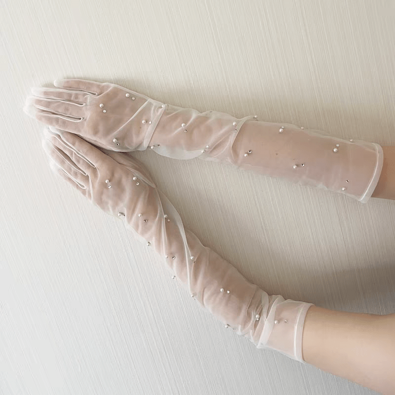 Long Sheer White Gloves with Pearl Accents - WonderlandByLilian