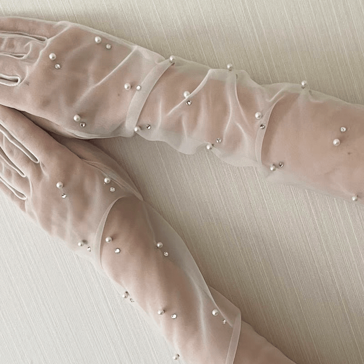 Long Sheer White Gloves with Pearl Accents - WonderlandByLilian