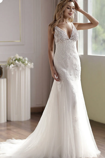 Long Sleeve Lace Embroidery Applique Mermaid Bridal Dress With Illusion Back - WonderlandByLilian