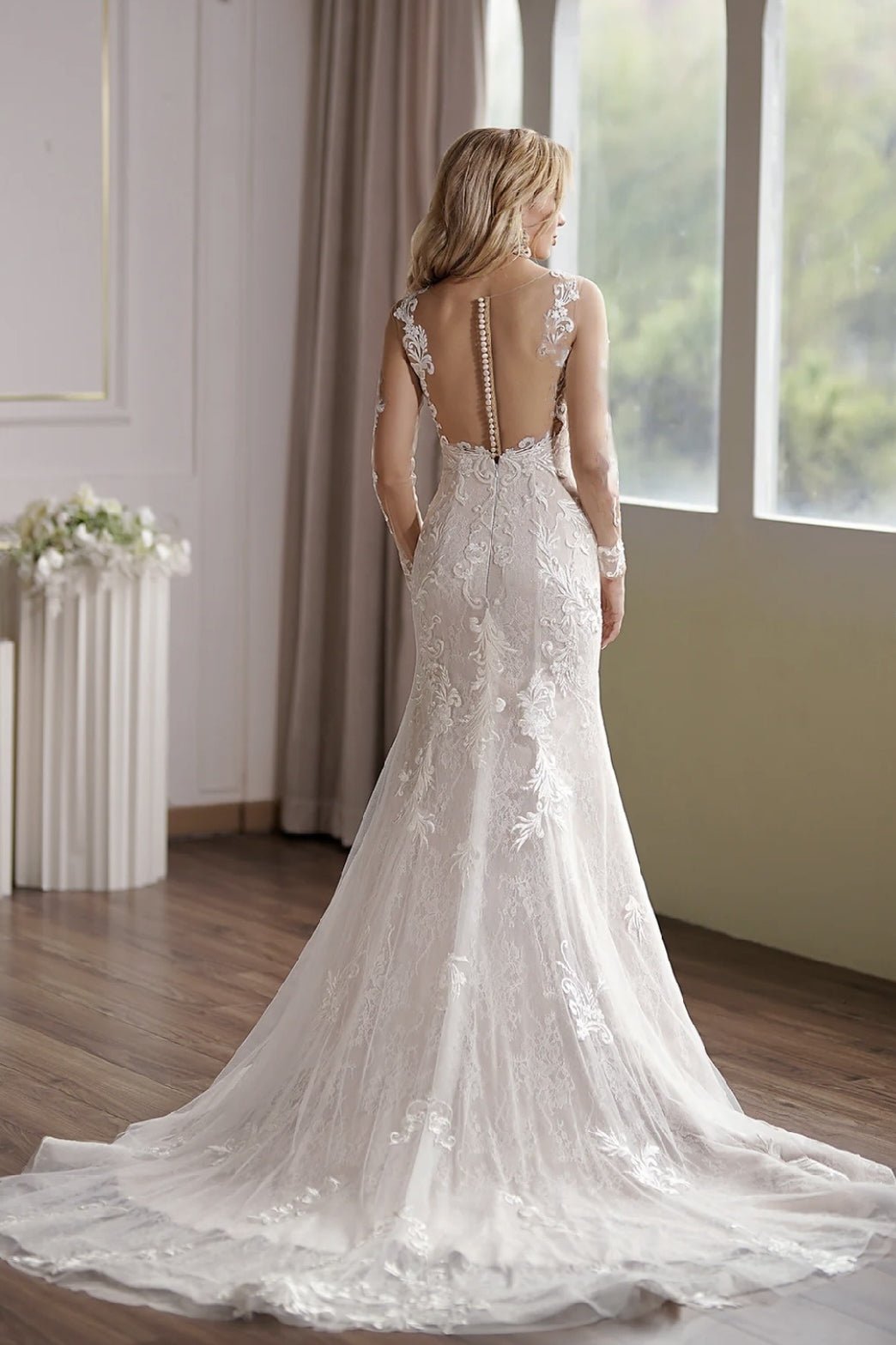 Long Sleeve Lace Embroidery Applique Mermaid Bridal Dress With Illusion Back - WonderlandByLilian