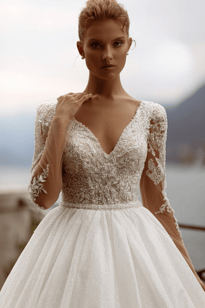 Long Sleeves Wedding Dress - Aline Wedding Dress with Lace Sleeves - Lace Bodice Wedding Gown Plus Size - WonderlandByLilian