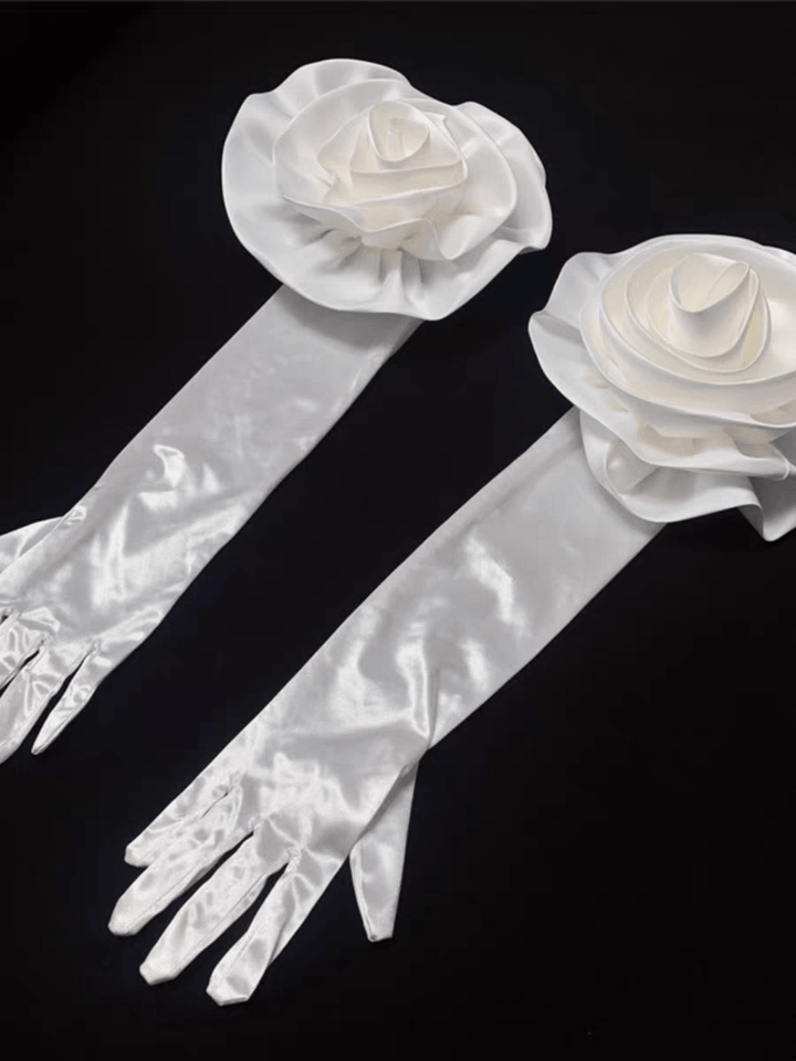 Long White Satin Gloves with Oversized Rosette Cuffs - Elegant Bridal Accessory - WonderlandByLilian