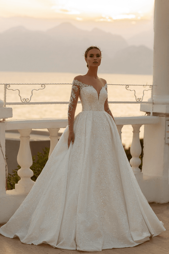 Long Sleeve Lace Bridal Gown - Lace Bodice Wedding Gown - Aline Ball Gown Wedding Dress Plus Size - WonderlandByLilian
