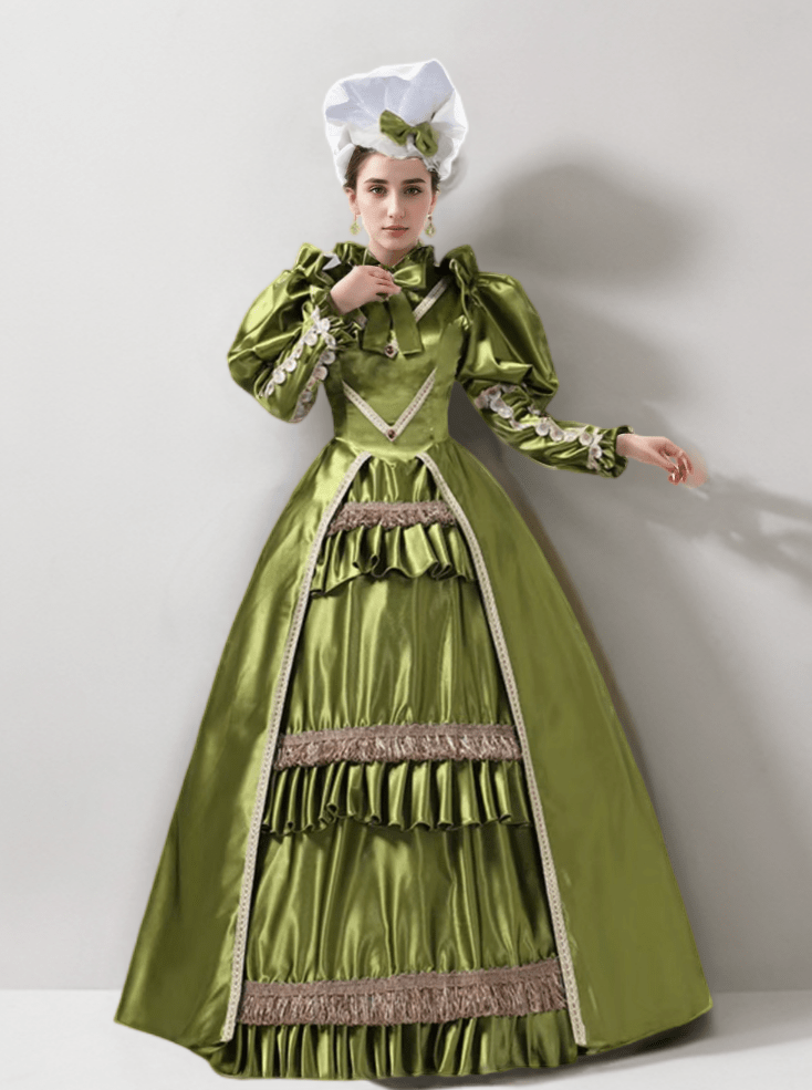 Luminous Green Medieval Dress with Bow Accent - Rococo Ball Gown Pleated Lace Elegance Plus Size - WonderlandByLilian
