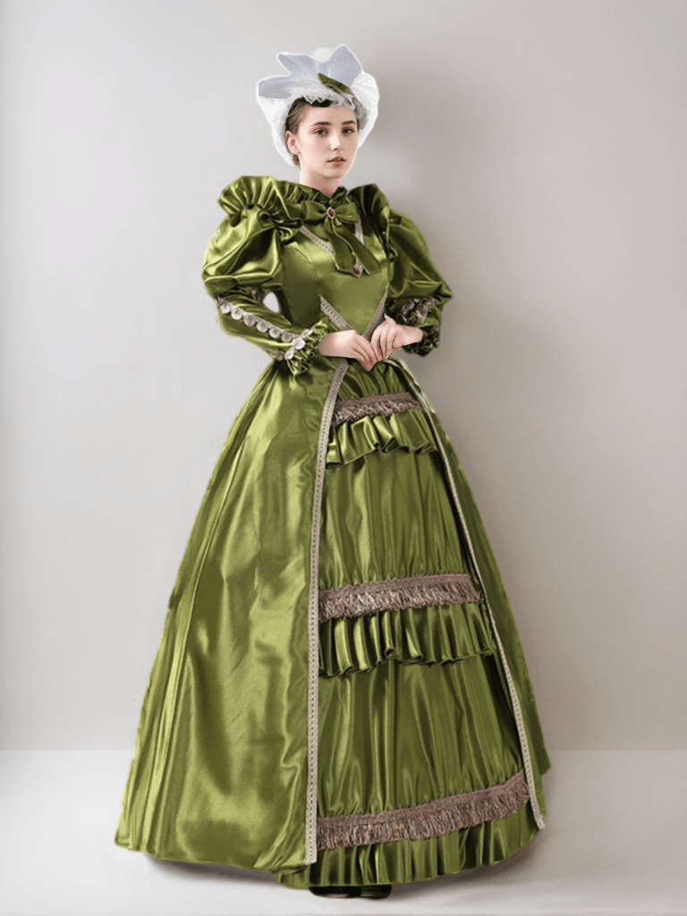 Luminous Green Medieval Dress with Bow Accent - Rococo Ball Gown Pleated Lace Elegance Plus Size - WonderlandByLilian