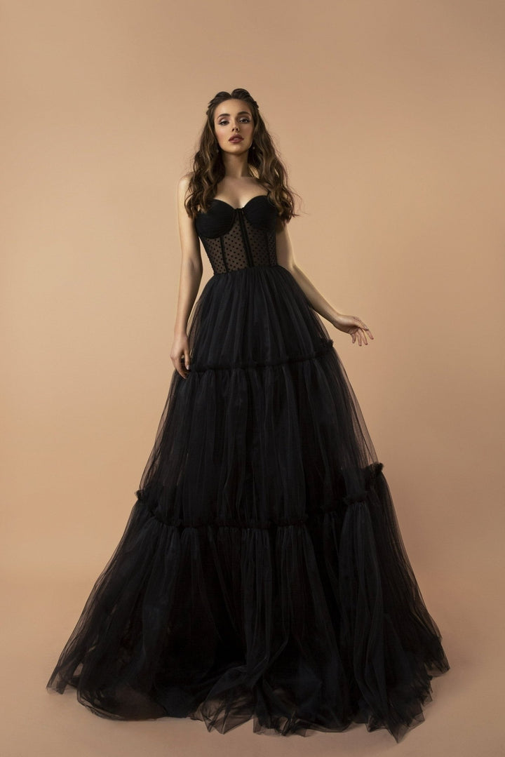 Luxe Black Gothic Tulle Wedding Gown with Sleeveless Polka Dot Bodice and Spaghetti Straps - WonderlandByLilian