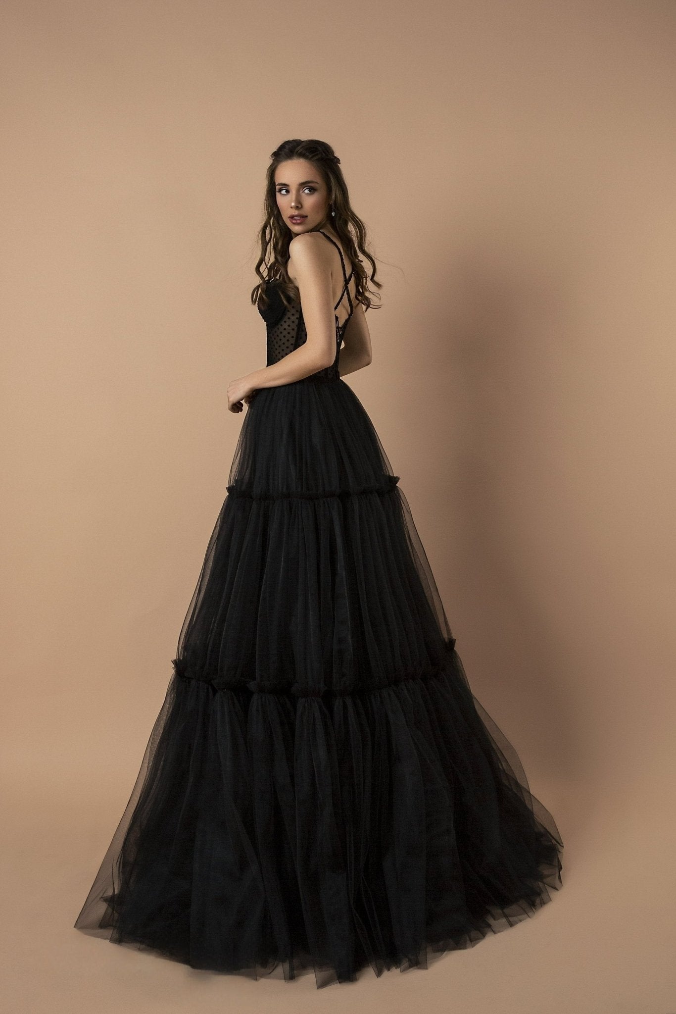 Luxe Black Gothic Tulle Wedding Gown with Sleeveless Polka Dot Bodice and Spaghetti Straps - WonderlandByLilian