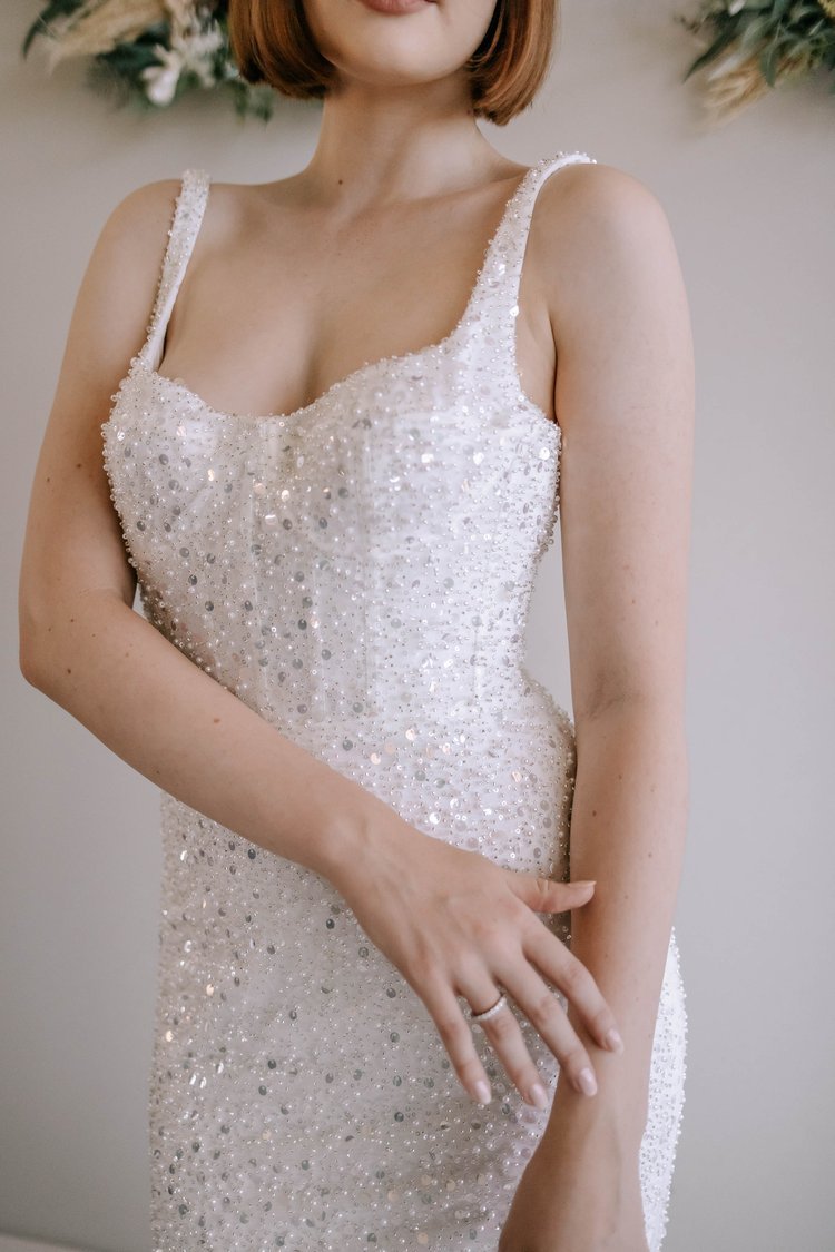 Luxe Pearl and Sequin Embellished Wedding Gown with Breathtaking Neckline Plus Size - IMOGEN - WonderlandByLilian