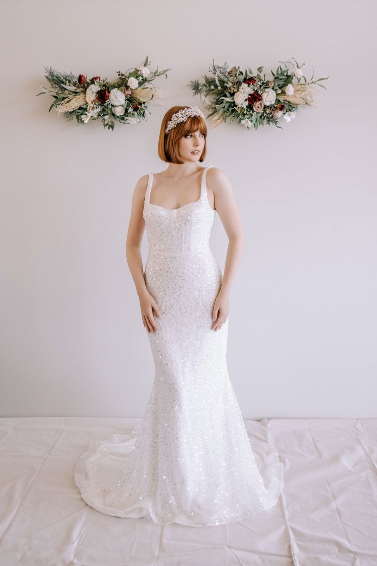 Luxe Pearl and Sequin Embellished Wedding Gown with Breathtaking Neckline Plus Size - IMOGEN - WonderlandByLilian