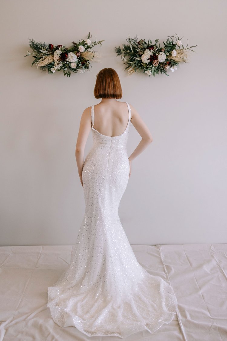 Luxe Pearl and Sequin Embellished Wedding Gown with Breathtaking Neckline Plus Size - IMOGEN - WonderlandByLilian