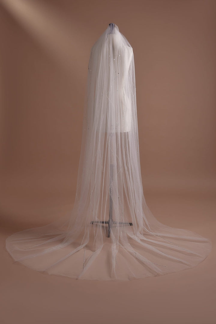 Luxurious Beaded Cathedral Wedding Veil, Available with or without Comb - WonderlandByLilian