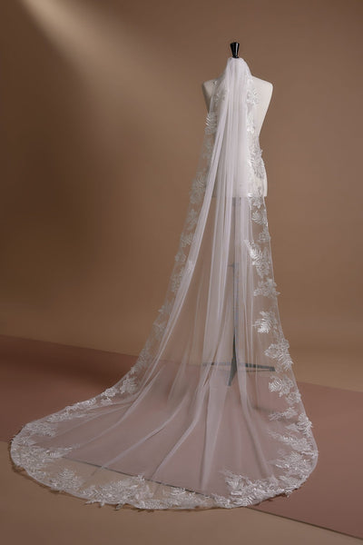Luxurious Embroidered Lace Edge Cathedral Wedding Veil, Available with or without Comb - WonderlandByLilian